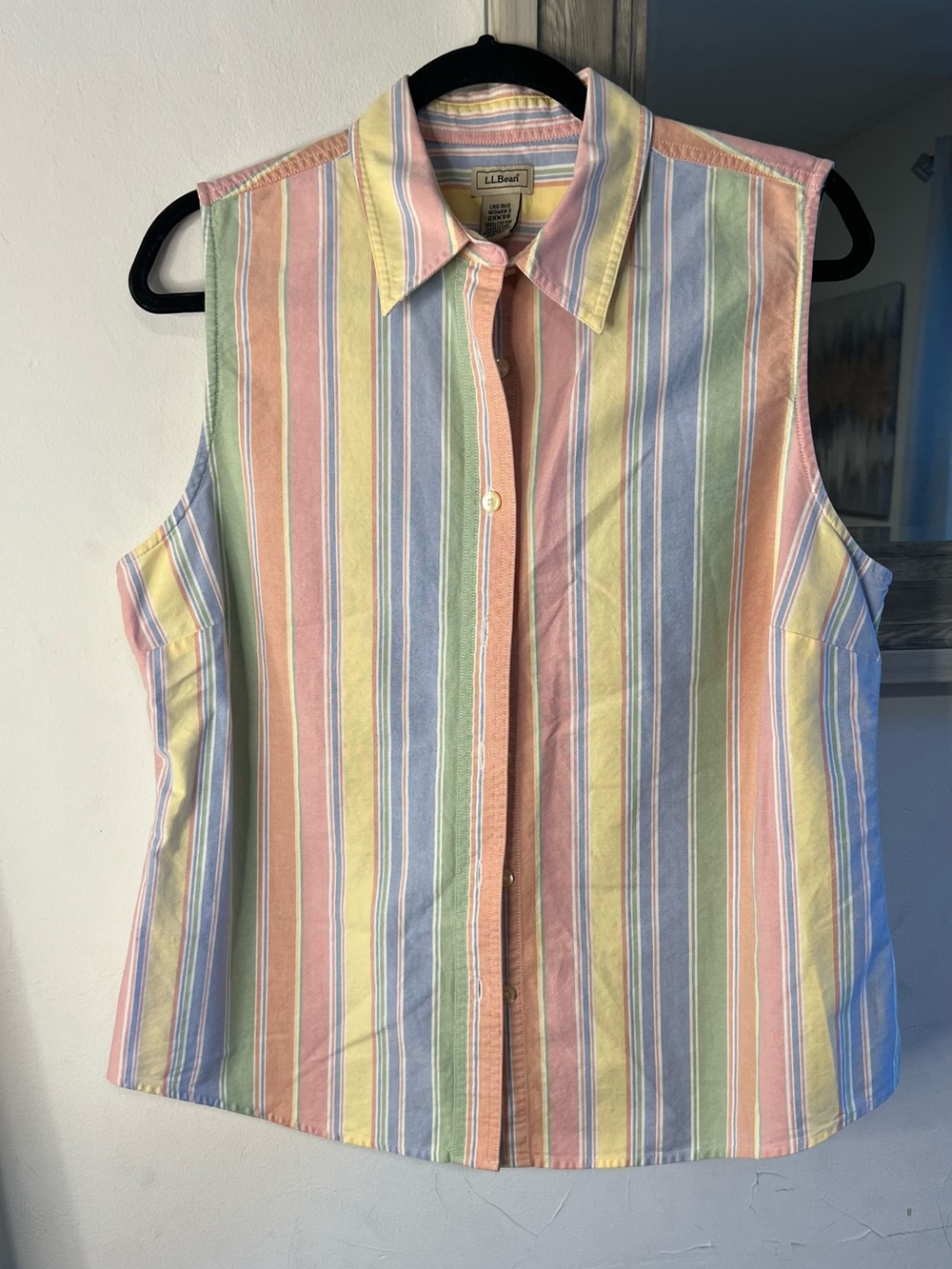 L.L. Bean Sleeveless Button-Down Shirt in Pastel Multi-Stripe